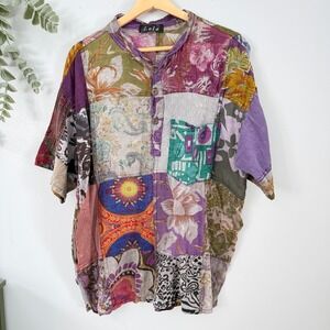 Lola Shirt Fairy Grunge Boho Artsy Patchwork Henley Floral Mixed Media Men's M
